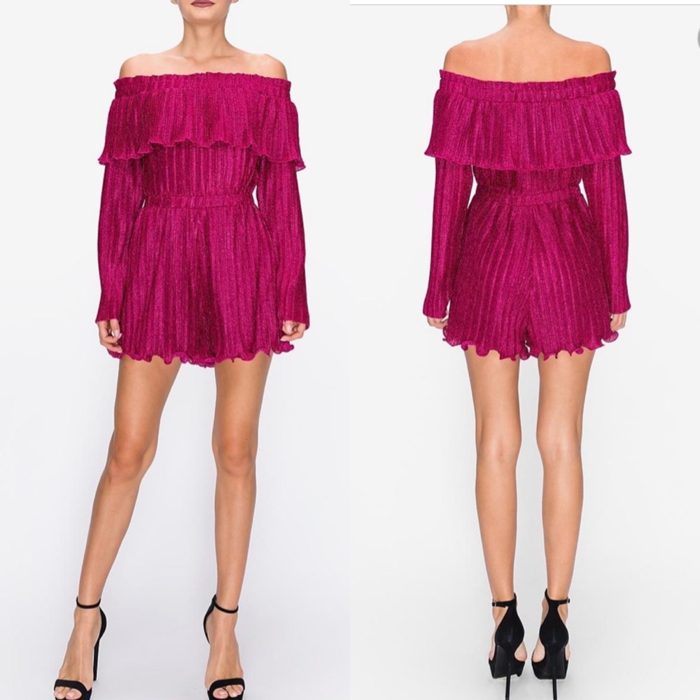 NWT Endless Rose Lurex Metallic Pleated Off The Shoulder Romper in Pink size L